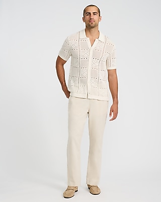 Textured Crochet Cotton Short Sleeve Sweater Polo