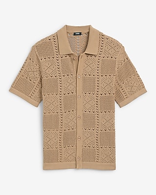 Textured Crochet Cotton Short Sleeve Sweater Polo