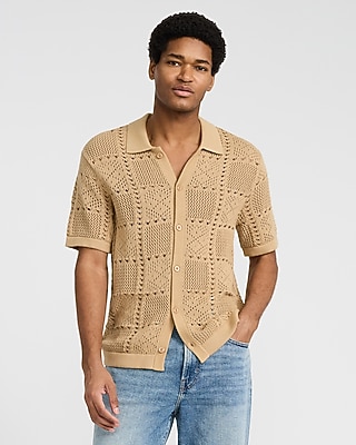 Textured Crochet Cotton Short Sleeve Sweater Polo