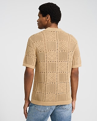 Textured Crochet Cotton Short Sleeve Sweater Polo