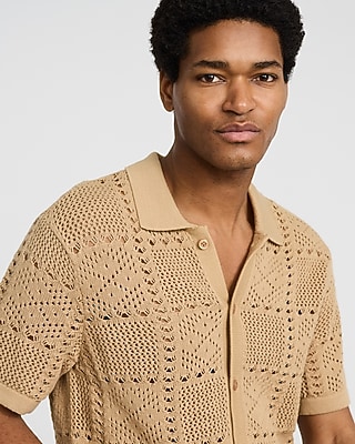 Textured Crochet Cotton Short Sleeve Sweater Polo