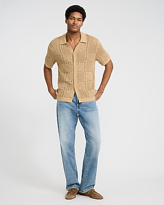 Textured Crochet Cotton Short Sleeve Sweater Polo