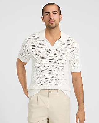 Cotton Diamond Knit Johnny Collar Sweater Polo