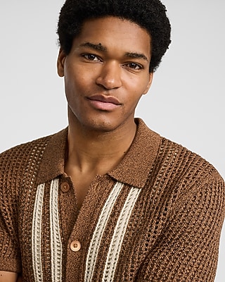 Textured Cotton Open Knit Sweater Polo