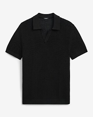 Cotton Open Knit Pointelle Johnny Collar Short Sleeve Sweater Polo