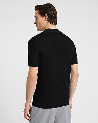 Cotton Open Knit Pointelle Johnny Collar Short Sleeve Sweater Polo