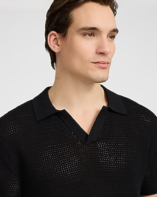 Cotton Open Knit Pointelle Johnny Collar Short Sleeve Sweater Polo