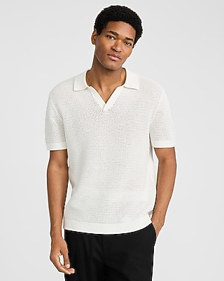 Cotton Open Knit Pointelle Johnny Collar Short Sleeve Sweater Polo