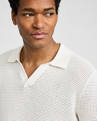 Cotton Open Knit Pointelle Johnny Collar Short Sleeve Sweater Polo
