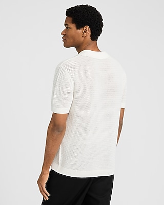 Cotton Open Knit Pointelle Johnny Collar Short Sleeve Sweater Polo