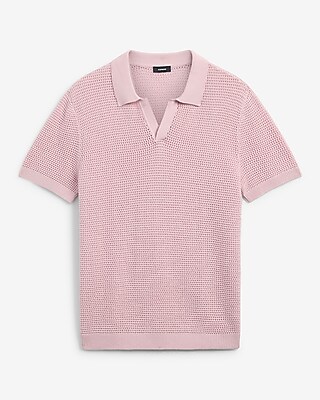 Cotton Open Knit Pointelle Johnny Collar Short Sleeve Sweater Polo