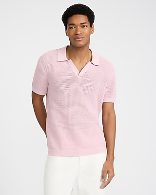 Cotton Open Knit Pointelle Johnny Collar Short Sleeve Sweater Polo
