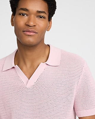 Cotton Open Knit Pointelle Johnny Collar Short Sleeve Sweater Polo