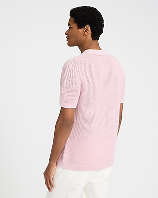 Cotton Open Knit Pointelle Johnny Collar Short Sleeve Sweater Polo