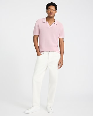Cotton Open Knit Pointelle Johnny Collar Short Sleeve Sweater Polo