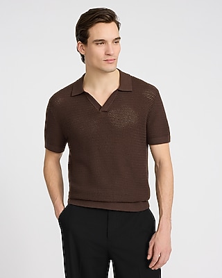 Cotton Open Knit Pointelle Johnny Collar Short Sleeve Sweater Polo - thumbnail 6
