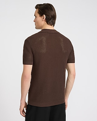 Cotton Open Knit Pointelle Johnny Collar Short Sleeve Sweater Polo - thumbnail 7