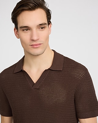 Cotton Open Knit Pointelle Johnny Collar Short Sleeve Sweater Polo - thumbnail 8