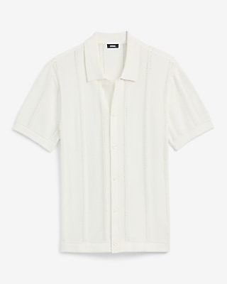 Striped Pointelle Cotton Short Sleeve Sweater Polo