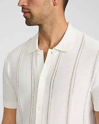 Striped Pointelle Cotton Short Sleeve Sweater Polo