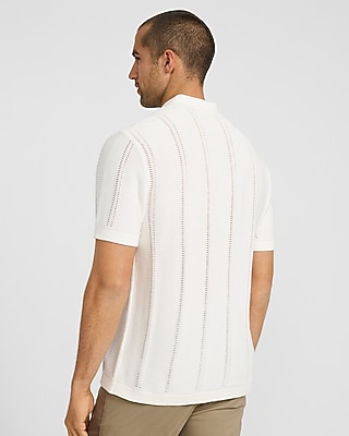 Striped Pointelle Cotton Short Sleeve Sweater Polo