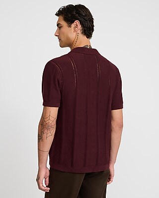 Striped Pointelle Cotton Short Sleeve Sweater Polo
