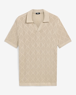 Jersey Open Knit Diamond Johnny Collar Sweater Polo