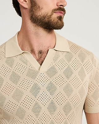 Jersey Open Knit Diamond Johnny Collar Sweater Polo