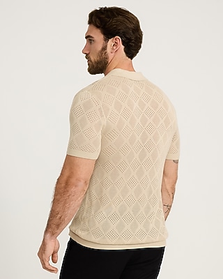 Jersey Open Knit Diamond Johnny Collar Sweater Polo