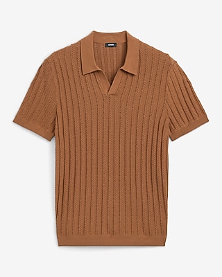 Cotton Textured Striped Johnny Collar Short Sleeve Sweater Polo