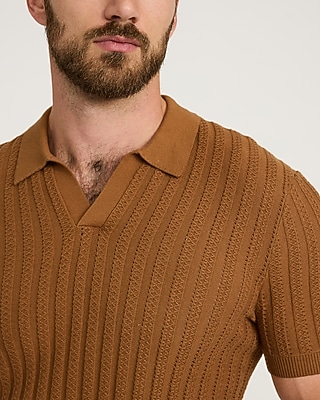Cotton Textured Striped Johnny Collar Short Sleeve Sweater Polo