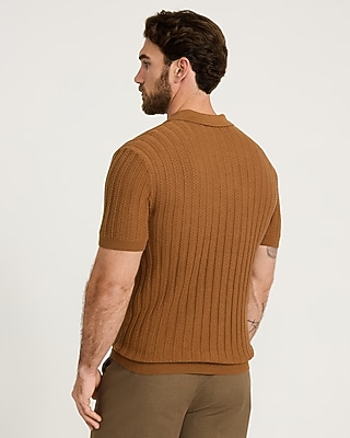 Cotton Textured Striped Johnny Collar Short Sleeve Sweater Polo