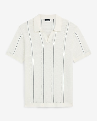 Striped Cotton Open Knit Johnny Collar Sweater Polo