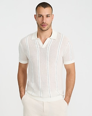 Striped Cotton Open Knit Johnny Collar Sweater Polo