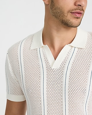 Striped Cotton Open Knit Johnny Collar Sweater Polo