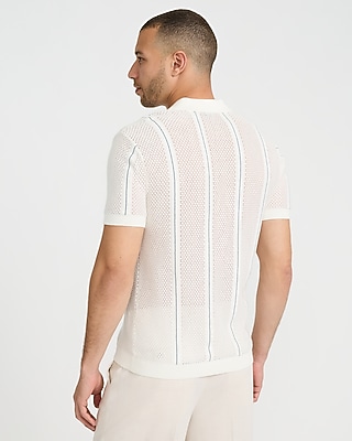 Striped Cotton Open Knit Johnny Collar Sweater Polo