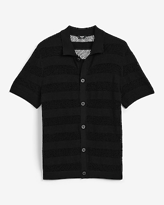 Cotton Open Knit Striped Pointelle Sweater Polo