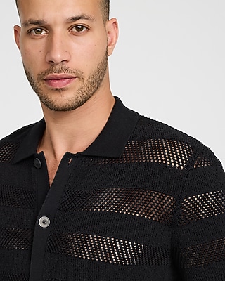 Cotton Open Knit Striped Pointelle Sweater Polo