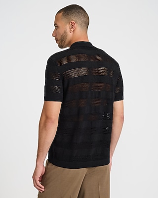 Cotton Open Knit Striped Pointelle Sweater Polo