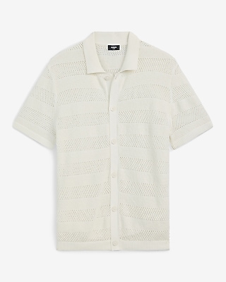 Cotton Open Knit Striped Pointelle Sweater Polo