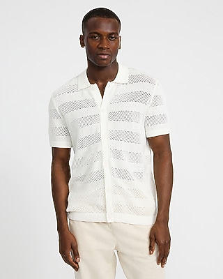 Cotton Open Knit Striped Pointelle Sweater Polo