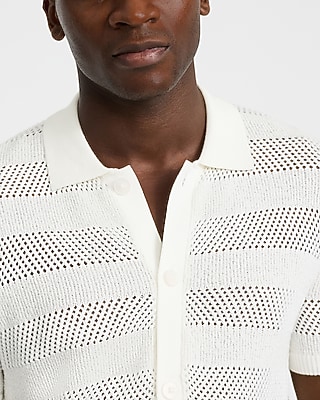 Cotton Open Knit Striped Pointelle Sweater Polo