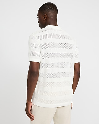 Cotton Open Knit Striped Pointelle Sweater Polo