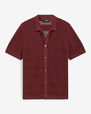 Cotton Open Knit Striped Pointelle Sweater Polo