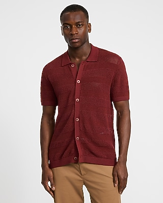 Cotton Open Knit Striped Pointelle Sweater Polo
