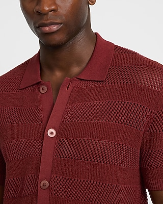 Cotton Open Knit Striped Pointelle Sweater Polo