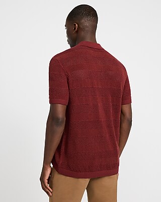 Cotton Open Knit Striped Pointelle Sweater Polo