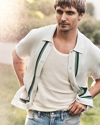 Textured Ribbed Cotton Striped Sweater Polo