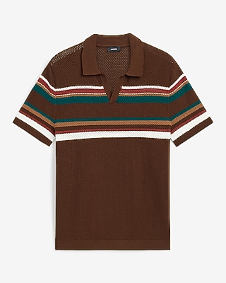 Cotton Open Knit Striped Pointelle Johnny Collar Short Sleeve Sweater Polo