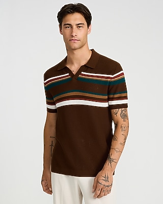 Cotton Open Knit Striped Pointelle Johnny Collar Short Sleeve Sweater Polo